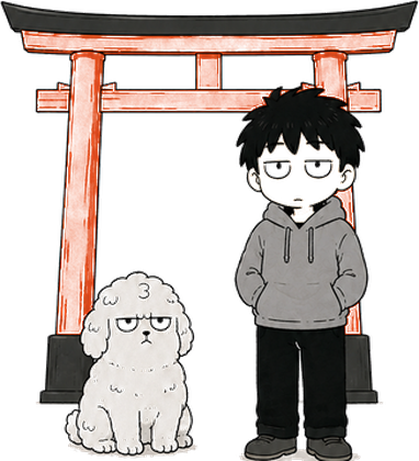 鳥居の下に立つ、狛犬のコマと、ハル